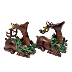 Vintage 2 Deer Christmas Reindeer Figurines Resin Antlers Neck Wreath Brown 4.5"